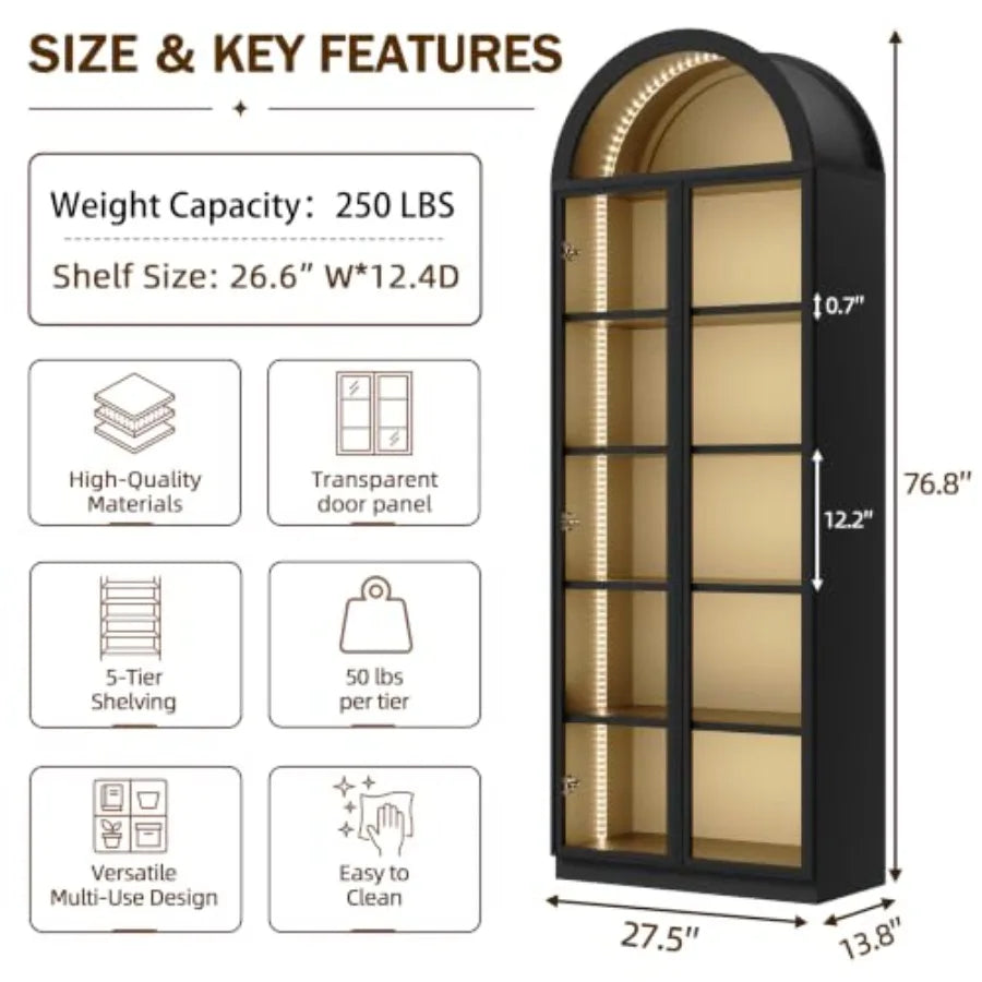 Arch display cabinet for living room office, acrylic glass door, white, 77 tall with LED light and 6-tier shelving for collecti