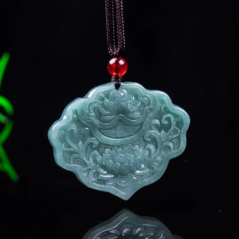 Real Burmese A Emerald Jade Blue Water Ruyi Lotus Pendant Amulets Natural Emerald Jewelry Gifts Certificate Sweater Chain Women