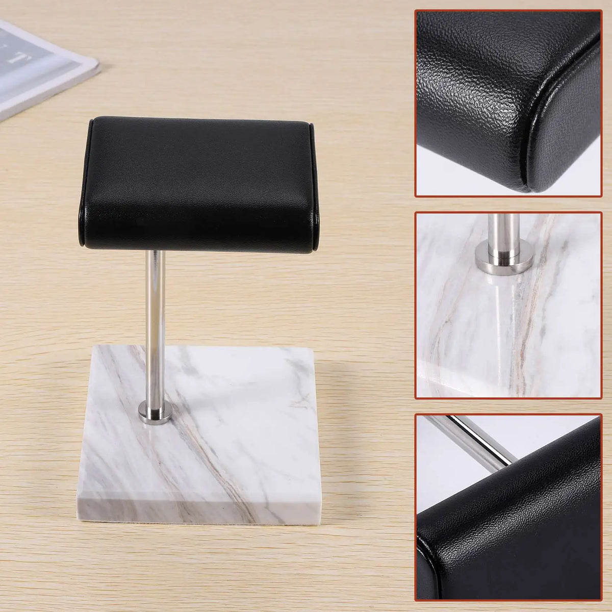 ABQR White Marble Watch Bracelet Display Stand Black PU Leather Jewelry Stand Watch Stand Silver Color Rod Placement Stand