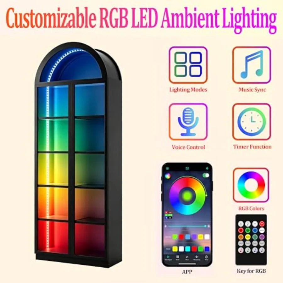 Arch display cabinet for living room office, acrylic glass door, white, 77 tall with LED light and 6-tier shelving for collecti