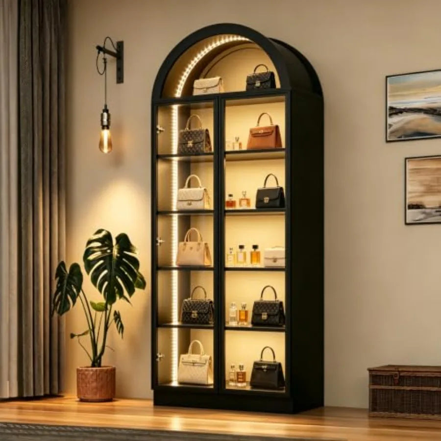 Arch display cabinet for living room office, acrylic glass door, white, 77 tall with LED light and 6-tier shelving for collecti