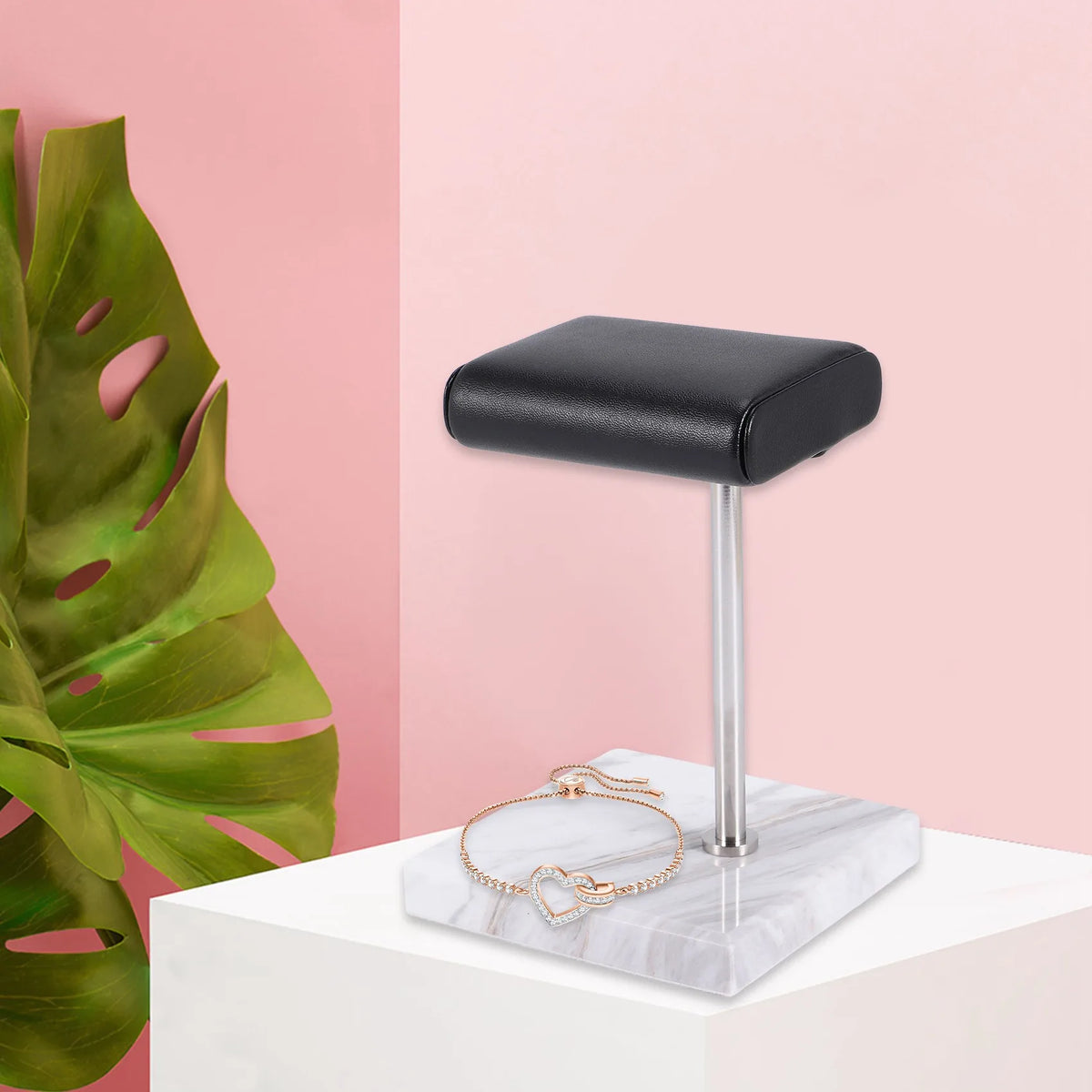 ABQR White Marble Watch Bracelet Display Stand Black PU Leather Jewelry Stand Watch Stand Silver Color Rod Placement Stand